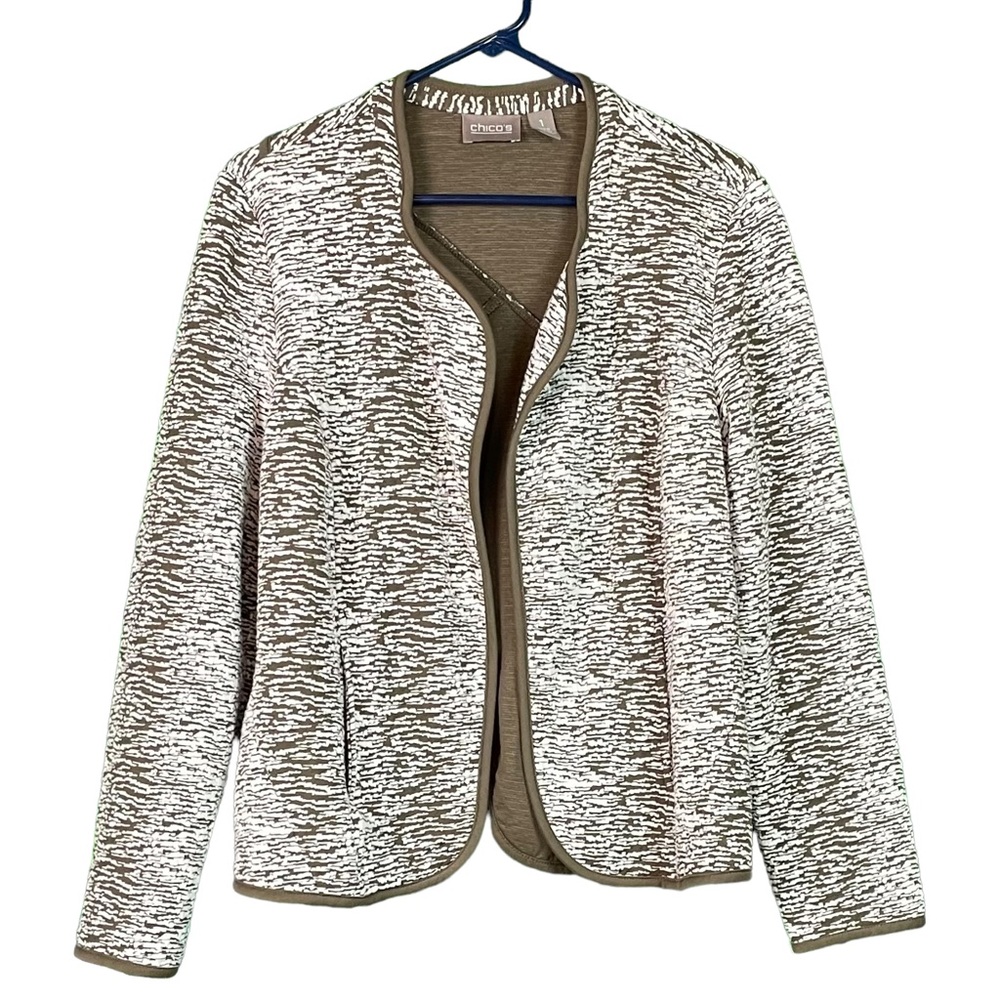 (113) Chico's Brown White Open Front Jacket